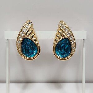 NWT 90s Savvy by Swarovski Deep Turquoised Blue/Clear Crystal Clip-On Earrings